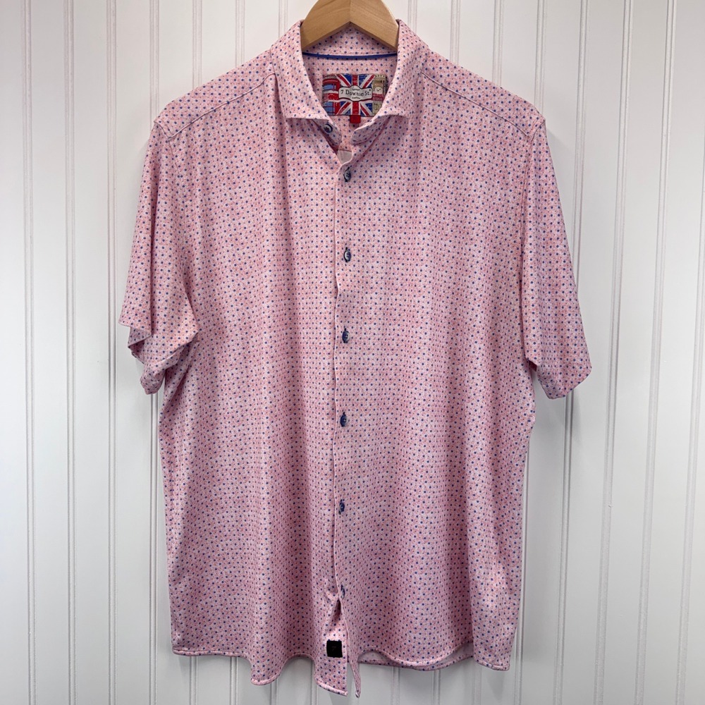 7 Downie St Button Up Shirt Mens XL Pink Blue Geometric Floral Short Sleeve Prep